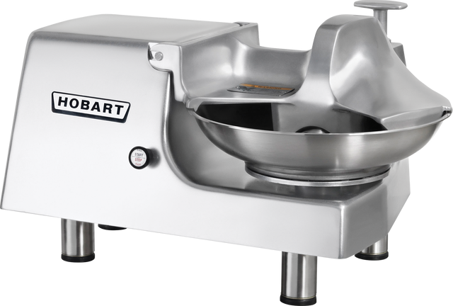 A silver Hobart Food Cutter with a large stainless steel bowl, sturdy base, and branded logo on the side. The machine boasts a sleek, industrial design with four short metal legs, set against a plain white background.