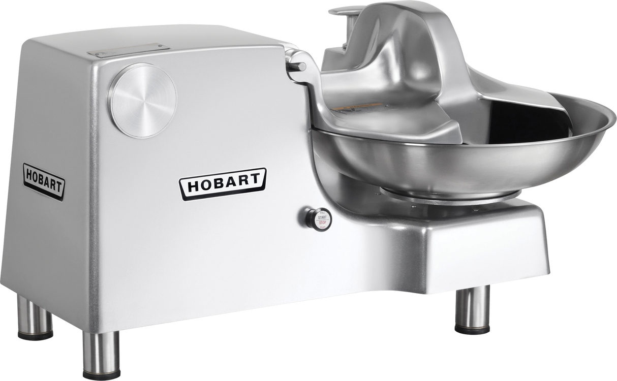 A Hobart Food Cutter with a stainless steel bowl, large circular blade, and sturdy legs. It features a smooth metallic finish plus black and white Hobart logos on the front and side panels.