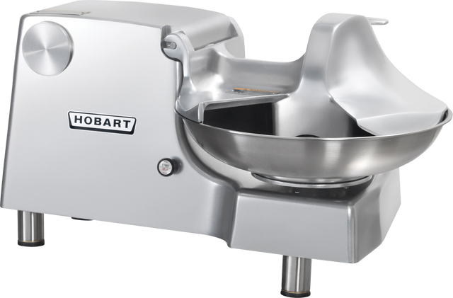 A Hobart Food Cutter featuring a stainless steel bowl, large curved safety guard, sturdy base, control knob, and the “HOBART” logo—perfect for commercial food preparation settings.