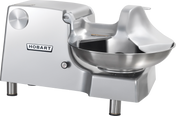 A Hobart Food Cutter featuring a stainless steel bowl, large round mixing chamber, protective cover, and sturdy three-leg base. The industrial design and sleek finish are complemented by the prominent Hobart logo on its side.