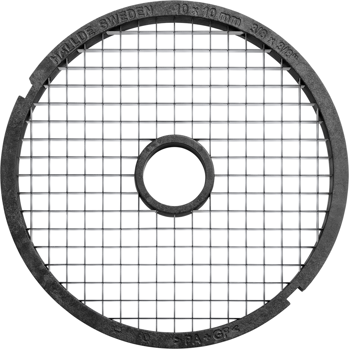 A round black metal grid cutter with a circular opening in the center, this 10mm dicer forms uniform square sections. Text on the rim reads “Hällde Sweden 10 x 10 mm 3/8 x 3/8.” Compatible as a Hobart or 3/8" dicer plate. Plain white background.