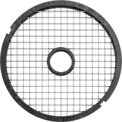 A round black metal grid cutter with a circular opening in the center, this 10mm dicer forms uniform square sections. Text on the rim reads “Hällde Sweden 10 x 10 mm 3/8 x 3/8.” Compatible as a Hobart or 3/8" dicer plate. Plain white background.