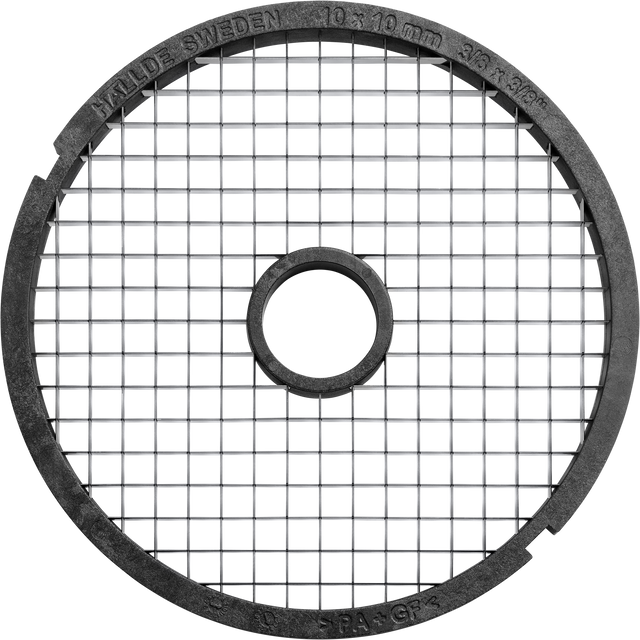 A round black metal grid cutter with a circular opening in the center, this 10mm dicer forms uniform square sections. Text on the rim reads “Hällde Sweden 10 x 10 mm 3/8 x 3/8.” Compatible as a Hobart or 3/8" dicer plate. Plain white background.