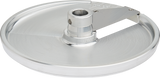 A shiny, circular stainless steel part with a raised center hub and a flat, smooth surface. A metal arm extends from the hub to the edge, secured by a screw. The machined piece is likely from a Food Processor or similar industrial device.