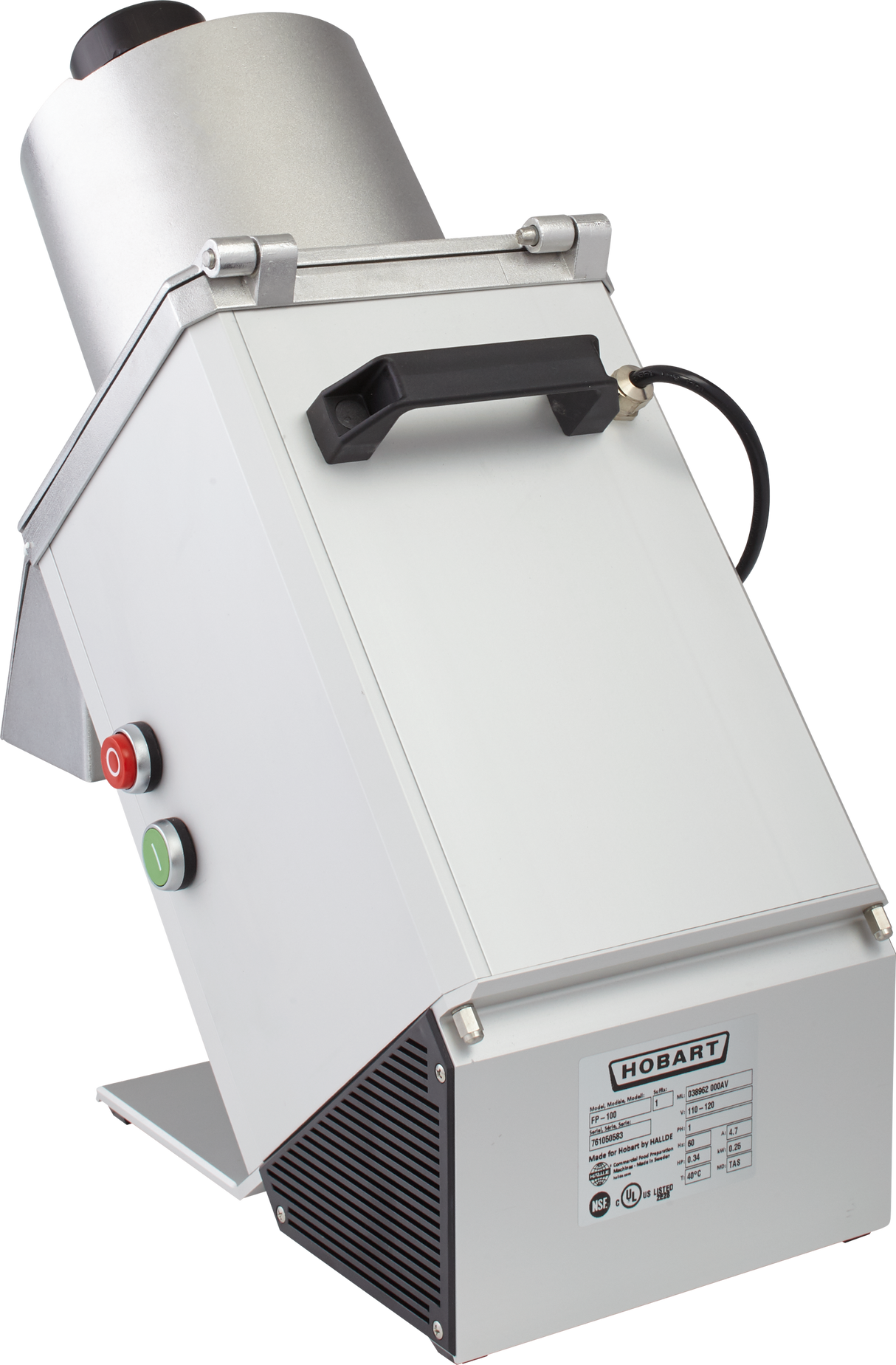 A stainless steel Hobart Food Processor with a black handle on top, red and green control buttons, a continuous feed chute set at an angle, and a label with specifications at the bottom front. The machine is positioned on a white background.