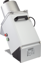 A stainless steel Hobart Food Processor with a black handle on top, red and green control buttons, a continuous feed chute set at an angle, and a label with specifications at the bottom front. The machine is positioned on a white background.