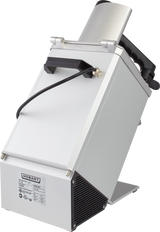 A silver and white Hobart commercial food slicer stands angled on a metal base. Featuring a stainless steel continuous feed chute, black handle, ventilation grilles, and a product label on the lower front, it is set against a plain white background.