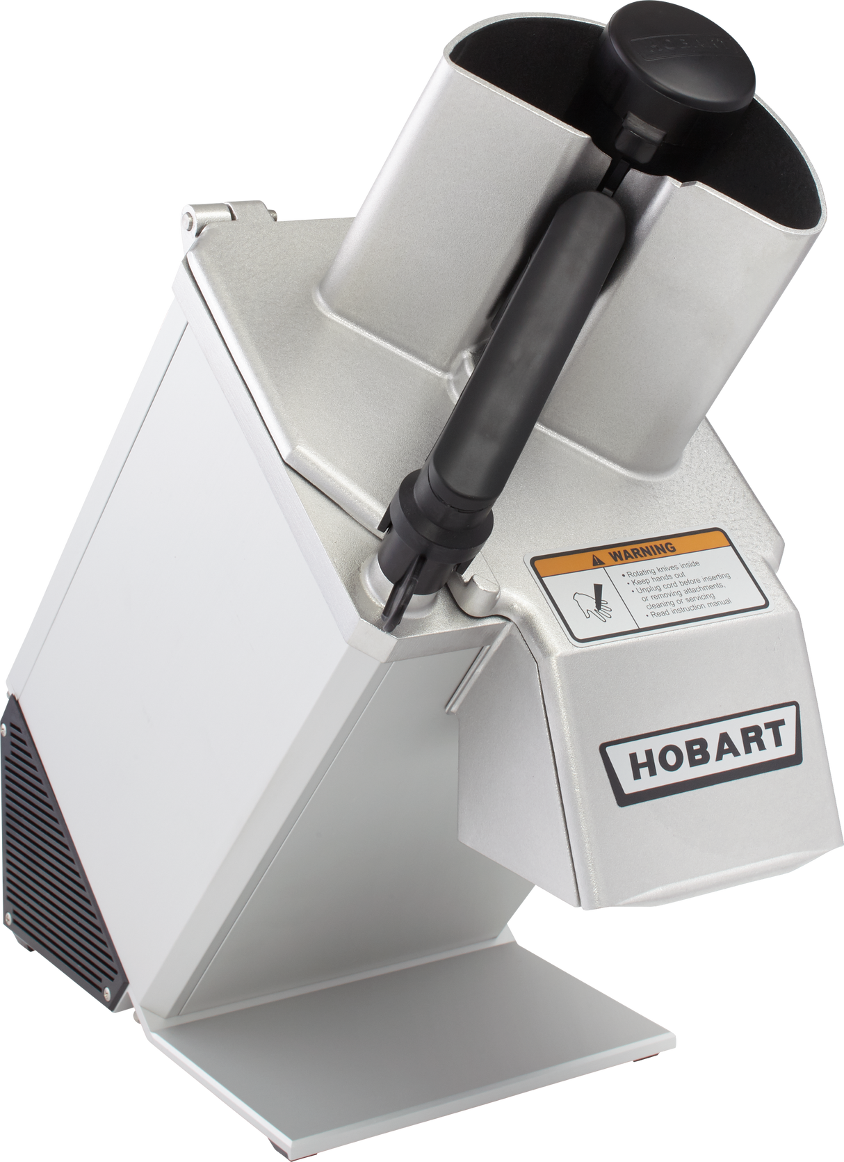 A stainless steel Hobart Food Processor with a black handle, two continuous feed chutes on top, a warning label, and side vent. The unit is angled right, displaying its bold HOBART brand name on the front.