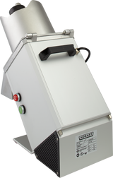 A silver Hobart FP150 commercial food processor with a slanted continuous feed top chute, black handle, two side buttons (red and green), ventilation grates, and a specs label on the lower front, all set against a plain white background.