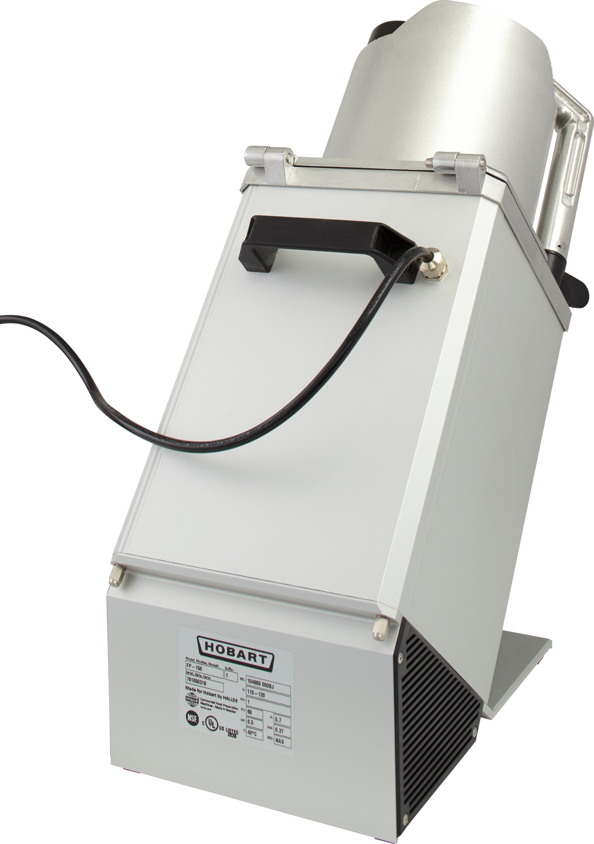 A Hobart FP150-1 continuous feed Food Processor with a slanted, rectangular metal body, black handle, and attached power cord. The top features a cylindrical metal food chute with handle. The Hobart label and technical specs are shown on the lower front panel.