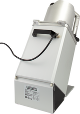 A commercial kitchen food slicer labeled “Hobart FP150.” This food processor is rectangular and white, featuring a black handle, control panel, and black power cord. The metallic cylindrical top allows for continuous feed of food items for efficient slicing or processing.