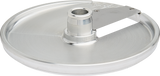 A close-up of a metallic, circular Hobart FP250-1 food processor slicing disc with a raised center hub and attached flat blade for cutting. The smooth, shiny surface and continuous feed design ensure efficient slicing as the disc spins.