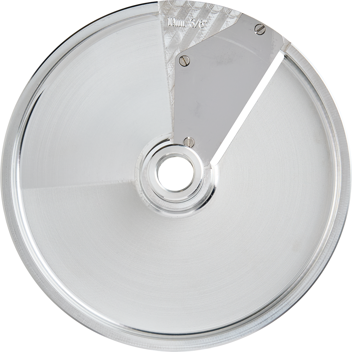 A shiny, circular stainless steel food processor slicing disc with a central hole and a sharp, angled blade attached by three screws. The blade covers about a quarter of the disc, and the surface is smooth and metallic for continuous feed slicing.