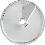 A circular stainless steel slicing blade with a shiny, smooth finish. The blade has a triangular, silver cutting section attached with three screws, engraved “10mm 3/8” on the edge, and a central hole for mounting in a food processor.