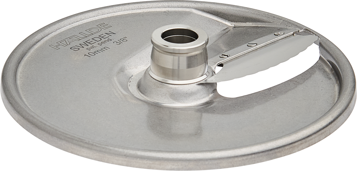 A round, stainless steel food processor slicing disc labeled Hallde Sweden 10mm 3/8” features a central mounting hole and a sharp straight blade, partially covered by a protective guard for continuous feed operation.