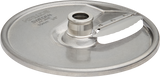 A round, stainless steel food processor slicing disc labeled Hallde Sweden 10mm 3/8” features a central mounting hole and a sharp straight blade, partially covered by a protective guard for continuous feed operation.