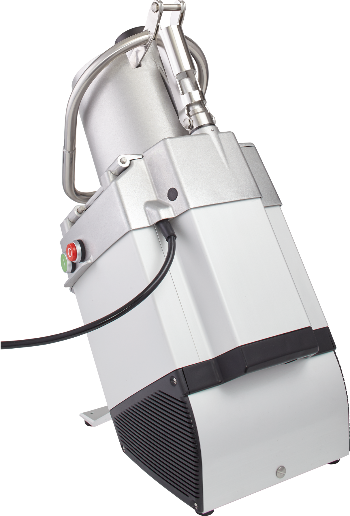 A silver and white industrial food processor, the Hobart FP250-1 features a black vented base, continuous feed design, a prominent handle on top, large red and green buttons, and an attached black power cord, photographed on a plain white background.