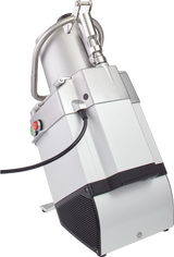 A silver and white industrial food processor, the Hobart FP250-1 features a black vented base, continuous feed design, a prominent handle on top, large red and green buttons, and an attached black power cord, photographed on a plain white background.