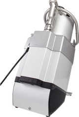 A metallic, box-shaped stainless steel industrial device with vents at the bottom front, a black cable plugged into its side, and metal tubes or handles extending from its top against a plain white background.