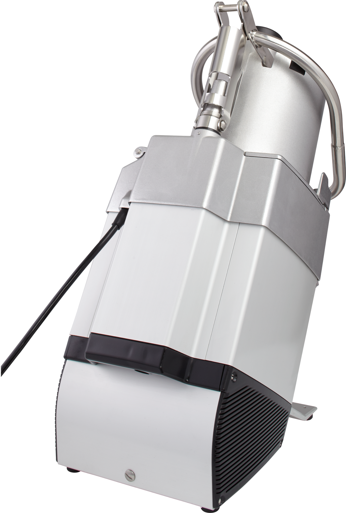 A close-up of a modern, metallic food processor, the Hobart FP250-1, with a white and silver body, black base, visible power cord, cylindrical top with attached tubing for continuous feed, and a vented lower section. The background is plain and light.