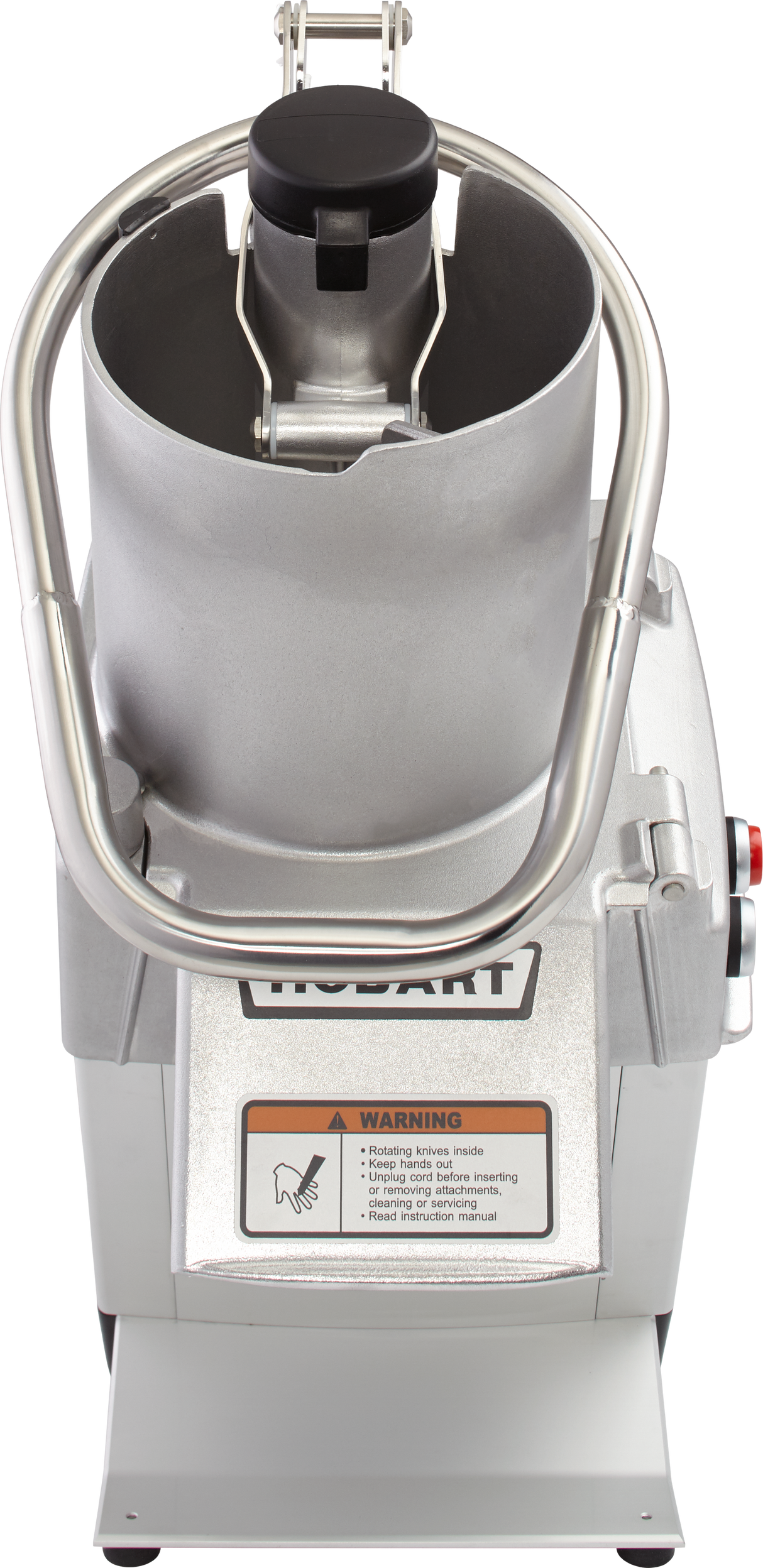 A top-down view of a Hobart FP250-1 Food Processor with a large metal bowl, locking lid, and safety handle. The machine features a continuous feed system, Hobart label, and warning sticker. The background is plain and light-colored.