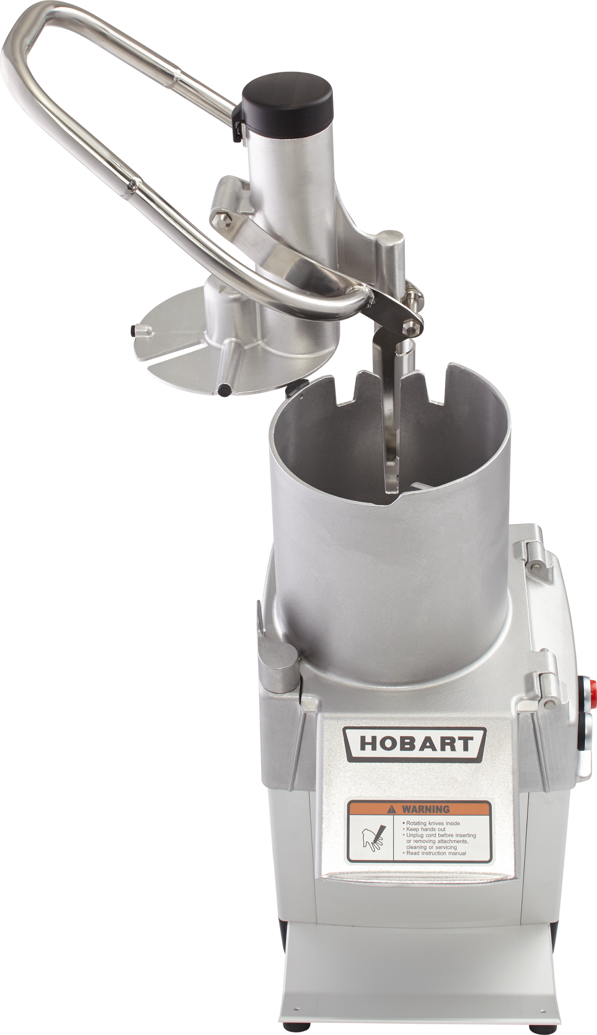 A stainless steel Hobart Food Processor with a cylindrical continuous feed chute, safety handle, and control lever. The labeled front panel features warning instructions while the open chute reveals internal blades. Its industrial design appears sturdy and reliable.