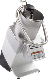 A commercial-grade Hobart Food Processor with a stainless steel body, cylindrical continuous feed chute, safety handle, and warning label on the front, set against a plain white background.
