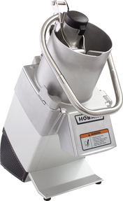 A commercial-grade Hobart Food Processor with a stainless steel body, cylindrical continuous feed chute, safety handle, and warning label on the front, set against a plain white background.