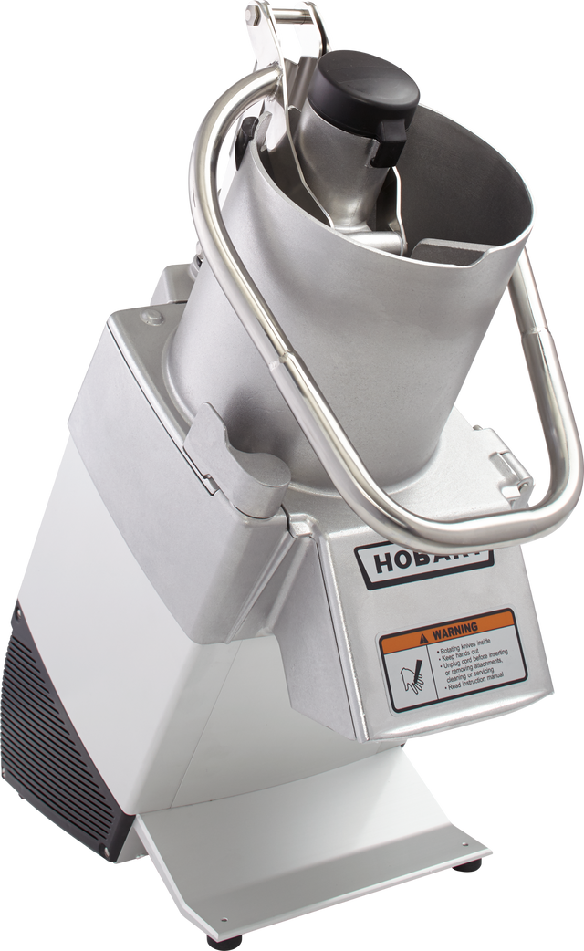 A commercial-grade Hobart Food Processor with a stainless steel body, cylindrical continuous feed chute, safety handle, and warning label on the front, set against a plain white background.