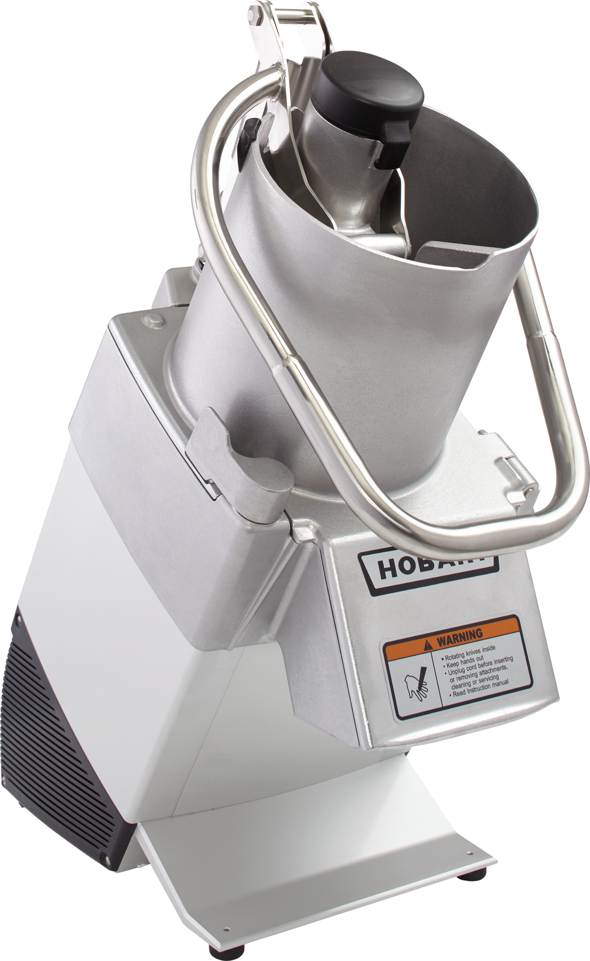 A commercial-grade Hobart food processor with a stainless steel body, black knob, continuous feed safety handle, and warning label, designed for slicing or shredding large quantities of food in professional kitchens.