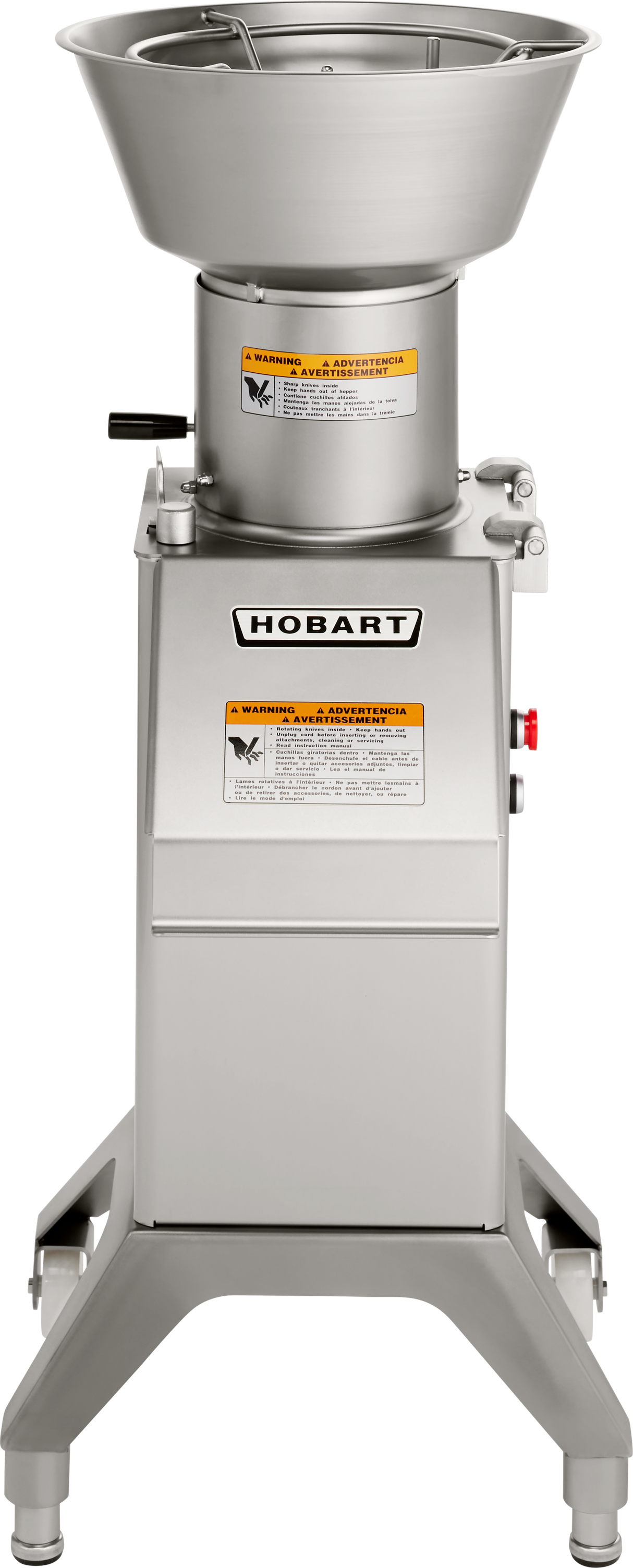 A stainless steel Hobart FP300I commercial meat chopper or grinder with a large bowl, sturdy base, warning labels, and control knob, designed for industrial kitchens or butcher shops with an 88 lb/minute production capacity.