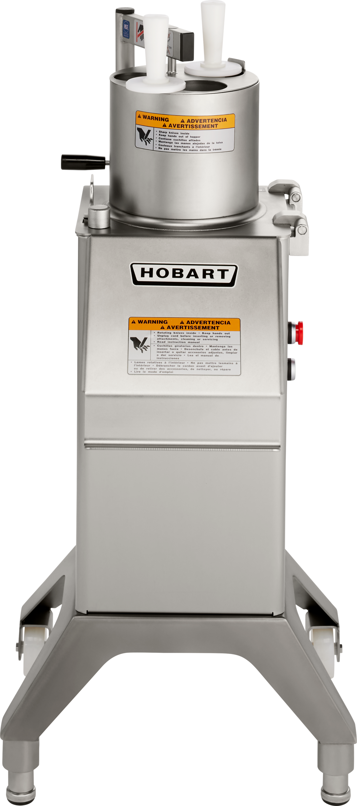 A stainless steel Hobart FP300I continuous-feed food processor stands on four sturdy legs. The machine has a cylindrical top with two white pushers, a control handle, warning labels, and the Hobart logo on the front of the rectangular body.