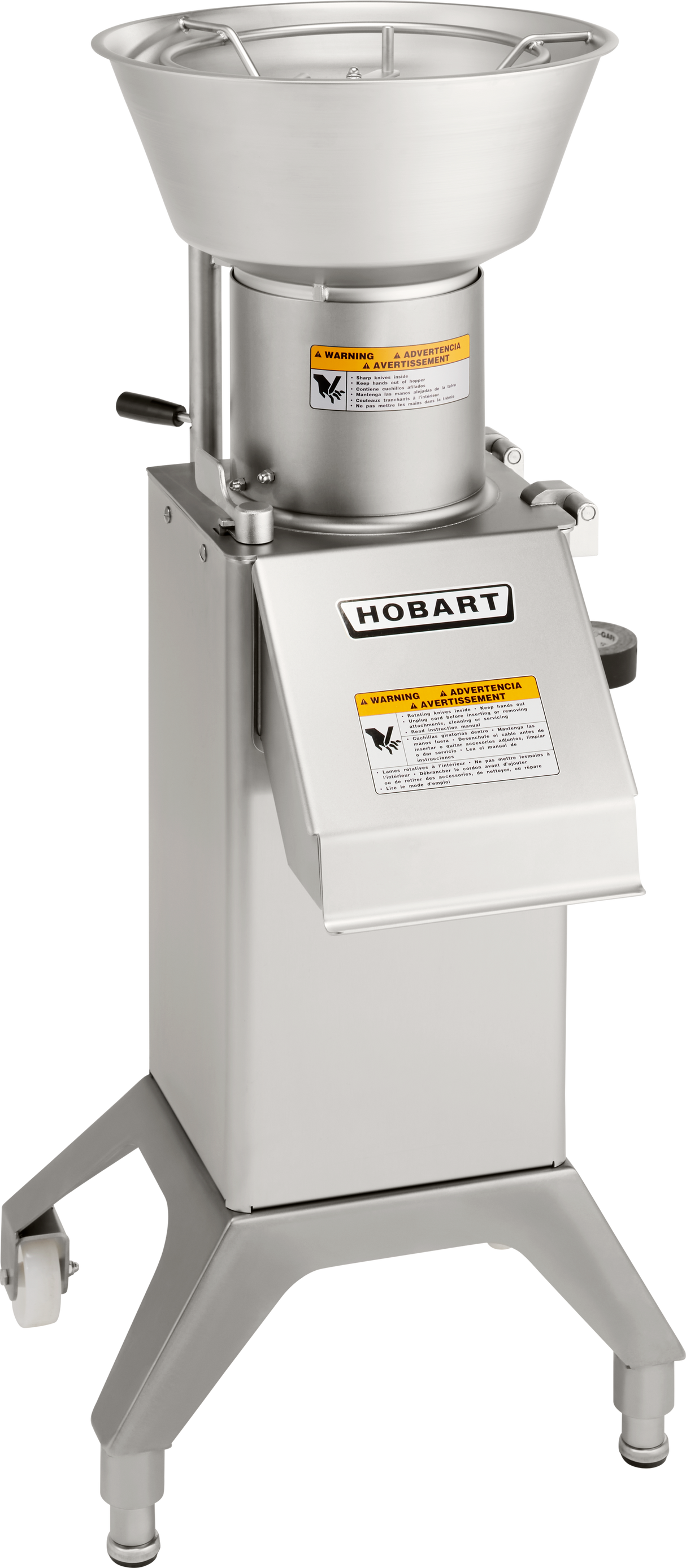 A Hobart FP300I continuous-feed food processor stands on three sturdy legs with casters, featuring a large funnel-like feed chute and front handle. With an 88 lb/minute production capacity, it’s ideal for demanding commercial kitchens.