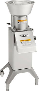 A Hobart FP300I continuous-feed food processor stands on three sturdy legs with casters, featuring a large funnel-like feed chute and front handle. With an 88 lb/minute production capacity, it’s ideal for demanding commercial kitchens.