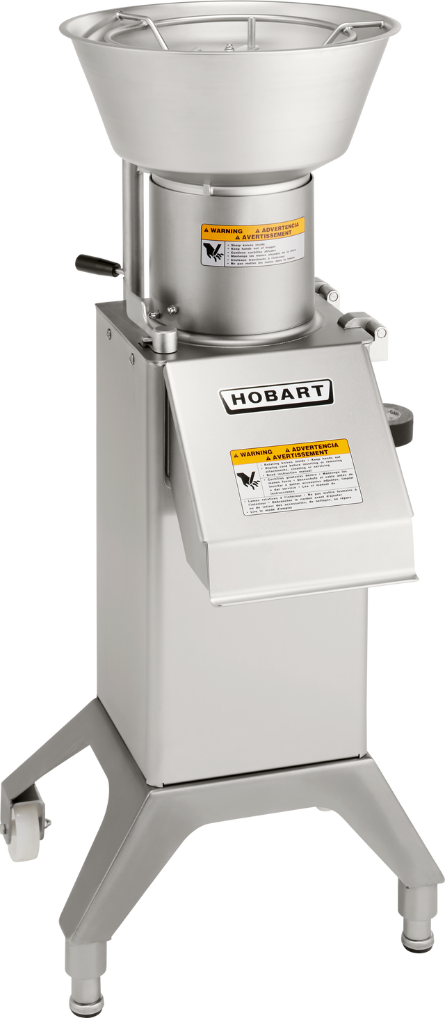 A Hobart FP300I continuous-feed food processor stands on three sturdy legs with casters, featuring a large funnel-like feed chute and front handle. With an 88 lb/minute production capacity, it’s ideal for demanding commercial kitchens.