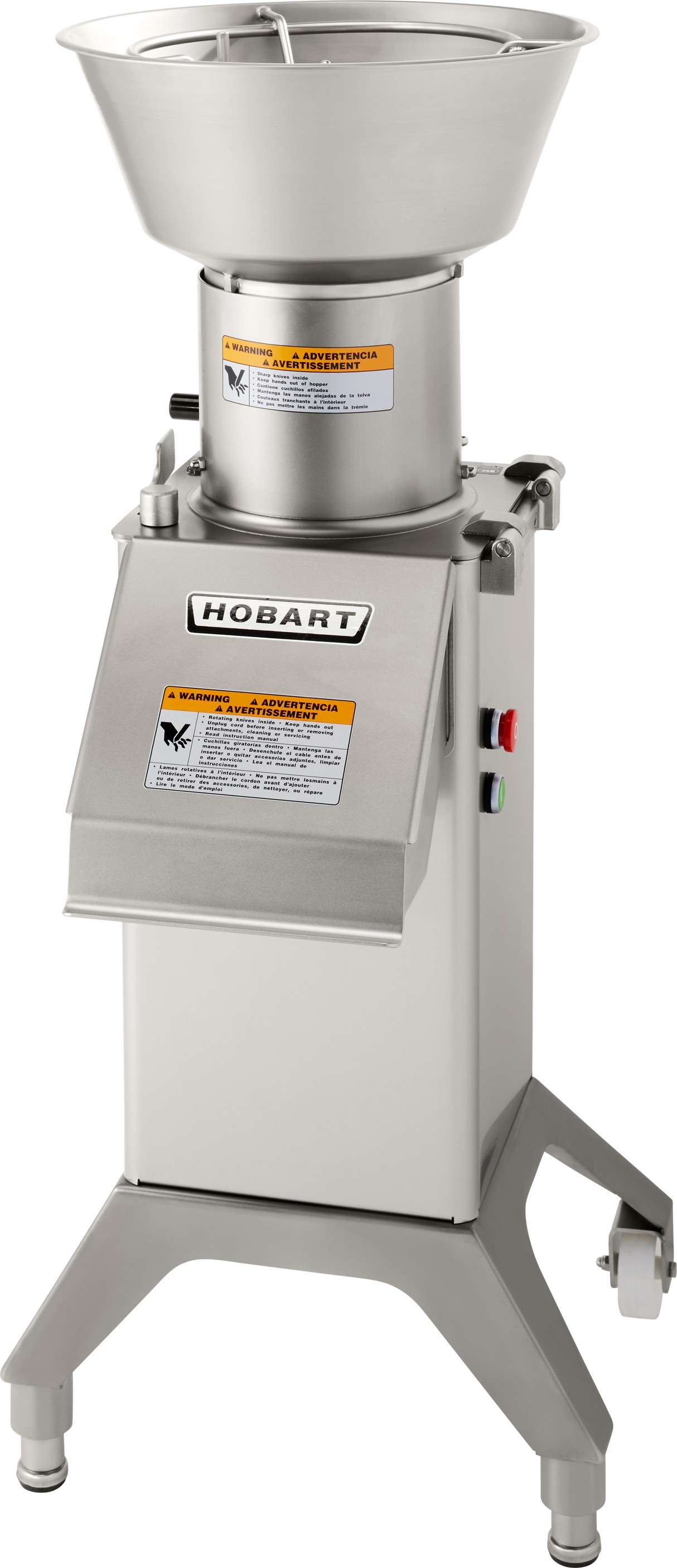 A stainless steel Hobart FP300I continuous-feed food processor with a large bowl and lid, warning labels, side control panel with red and green buttons, and four sturdy legs, designed for commercial kitchen use.
