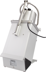 A white, industrial Hobart FP350 food processor with a tilted design. It features a large metal hopper on top with a handle, continuous feed capability, a control panel at the base, ventilation grilles, and a power cord. The background is plain white.
