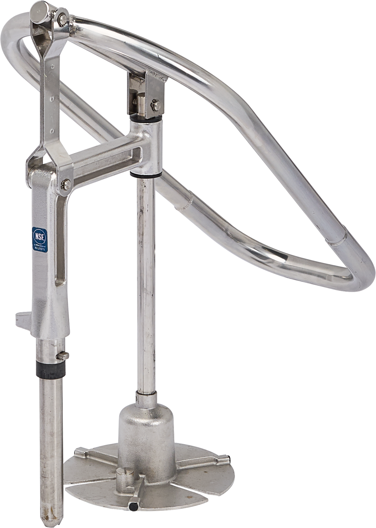 A commercial stainless steel sink faucet with a large gooseneck spout and NSF certification—ideal for setups using the Hobart FP400I-1 Continuous-Feed Food Processor, which boasts 132 lb/minute production. Modern, utilitarian design meets food safety standards.