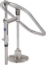 A commercial stainless steel sink faucet with a large gooseneck spout and NSF certification—ideal for setups using the Hobart FP400I-1 Continuous-Feed Food Processor, which boasts 132 lb/minute production. Modern, utilitarian design meets food safety standards.