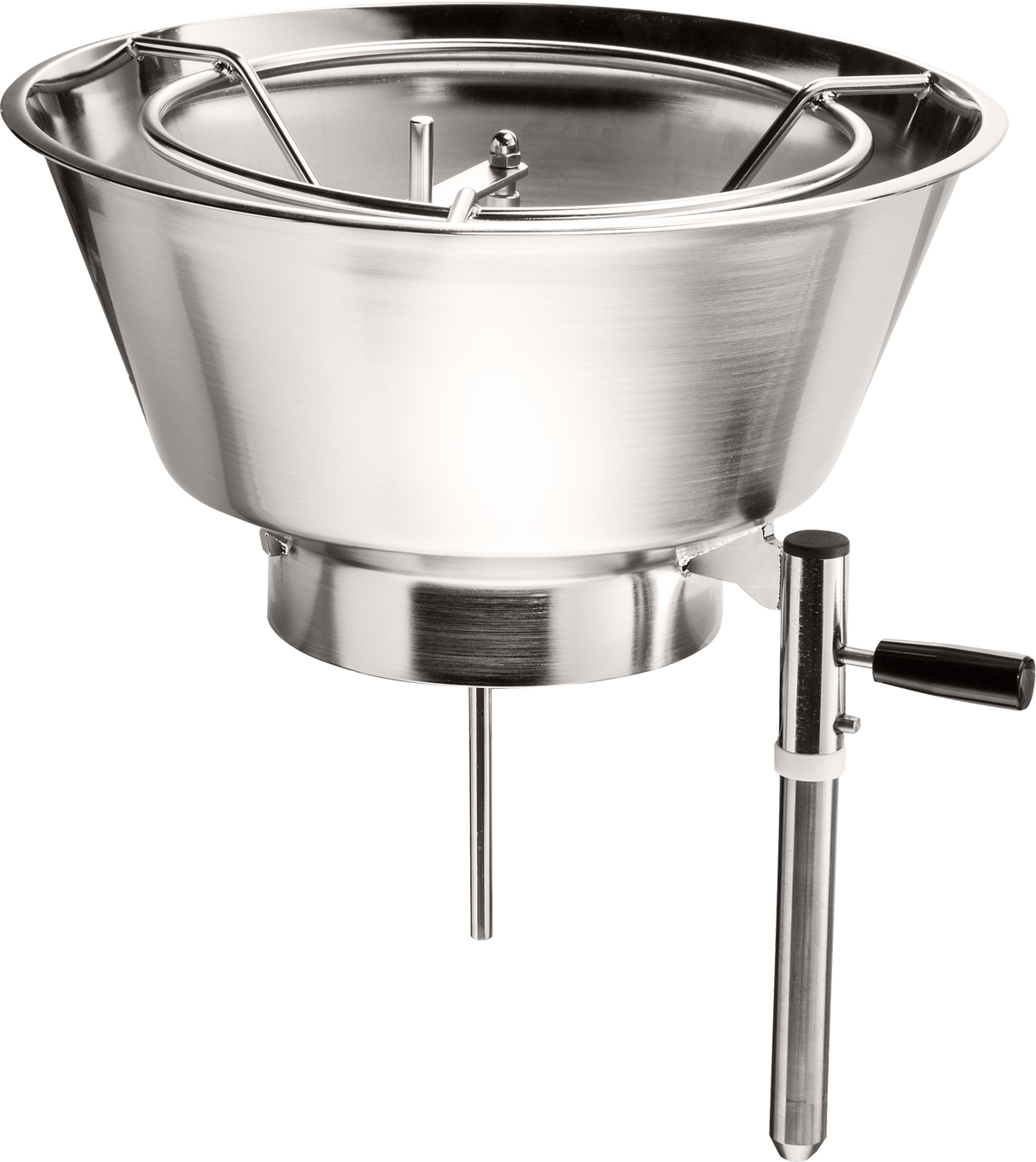 A large, shiny stainless steel food mill similar to the Hobart FP400I-1 Continuous-Feed Food Processor, featuring a wide bowl, horizontal hand crank, and cylindrical spout on sturdy metal legs for stability—ideal for high-volume, 132 lb/minute production.