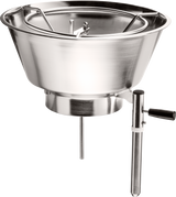 A large, shiny stainless steel food mill similar to the Hobart FP400I-1 Continuous-Feed Food Processor, featuring a wide bowl, horizontal hand crank, and cylindrical spout on sturdy metal legs for stability—ideal for high-volume, 132 lb/minute production.