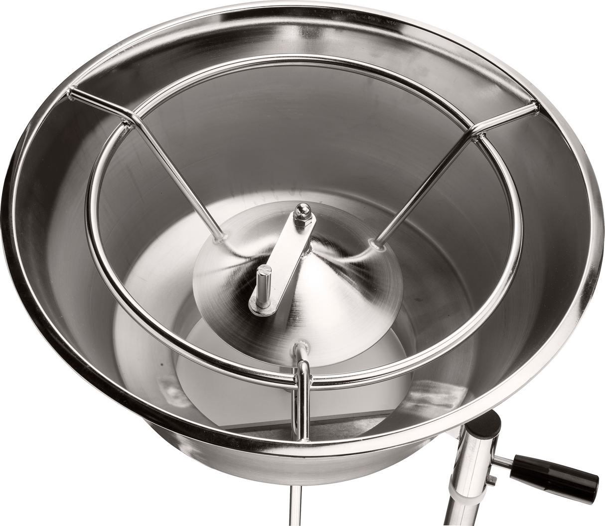 A close-up view of a shiny stainless steel funnel separator with a conical center piece, three supporting rods, and a circular frame—ideal for use with the Hobart FP400I Continuous-Feed Food Processor for efficient filtering in laboratory or kitchen settings.