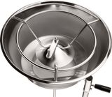 A close-up view of a shiny stainless steel funnel separator with a conical center piece, three supporting rods, and a circular frame—ideal for use with the Hobart FP400I Continuous-Feed Food Processor for efficient filtering in laboratory or kitchen settings.