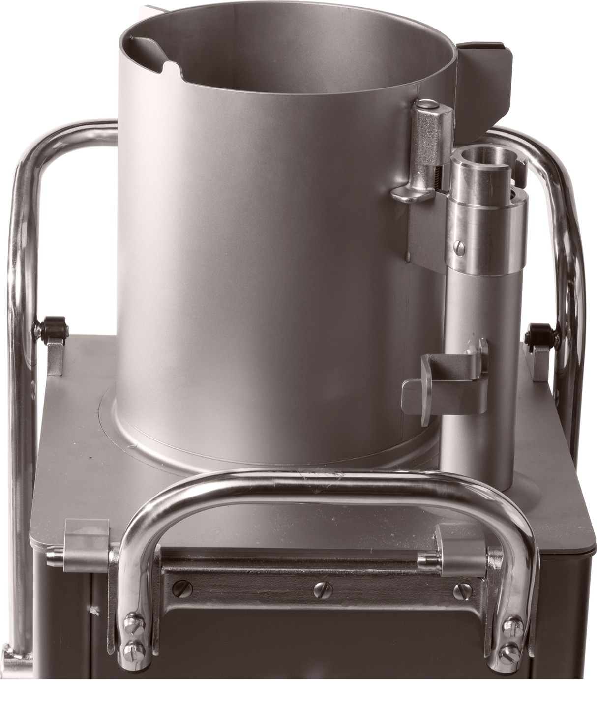 A close-up of a metallic industrial container, possibly from a Hobart FP400I Continuous-Feed Food Processor, features sturdy handles, cylindrical and rectangular components, and a spout—designed for efficiency at up to 132 lb/minute.