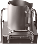 A close-up of a metallic industrial container, possibly from a Hobart FP400I Continuous-Feed Food Processor, features sturdy handles, cylindrical and rectangular components, and a spout—designed for efficiency at up to 132 lb/minute.