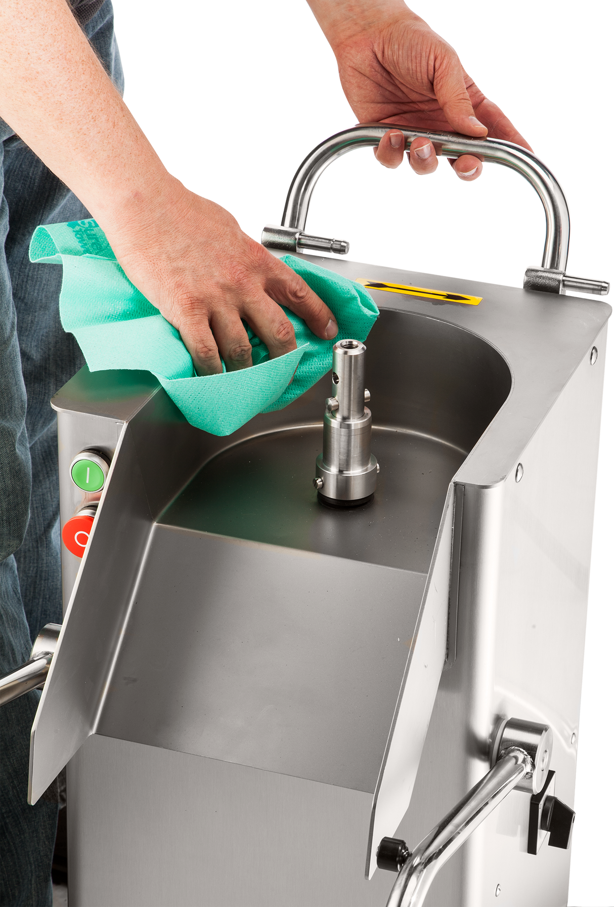 A person cleans a Hobart FP400I Continuous-Feed Food Processor with a green cloth, focusing on the central metal spindle. The machine features start and stop buttons, a top handle, and can handle 132 lb/minute production. The background is plain white.