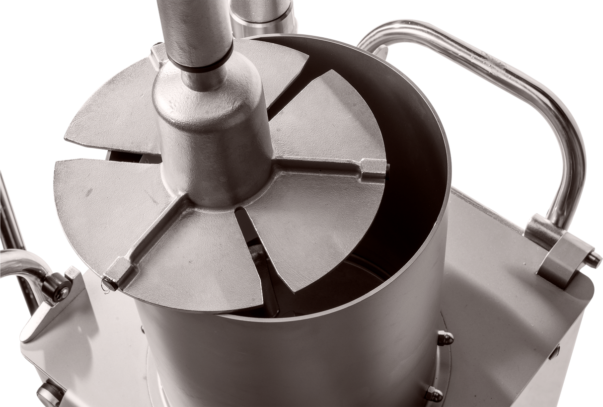 A close-up, top-down view of a stainless steel Hobart FP400I Continuous-Feed Food Processor, showing a round container with sharp radial cutting blades and two metal handles on either side. The image is in black and white.