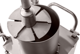 A close-up, top-down view of a stainless steel Hobart FP400I Continuous-Feed Food Processor, showing a round container with sharp radial cutting blades and two metal handles on either side. The image is in black and white.
