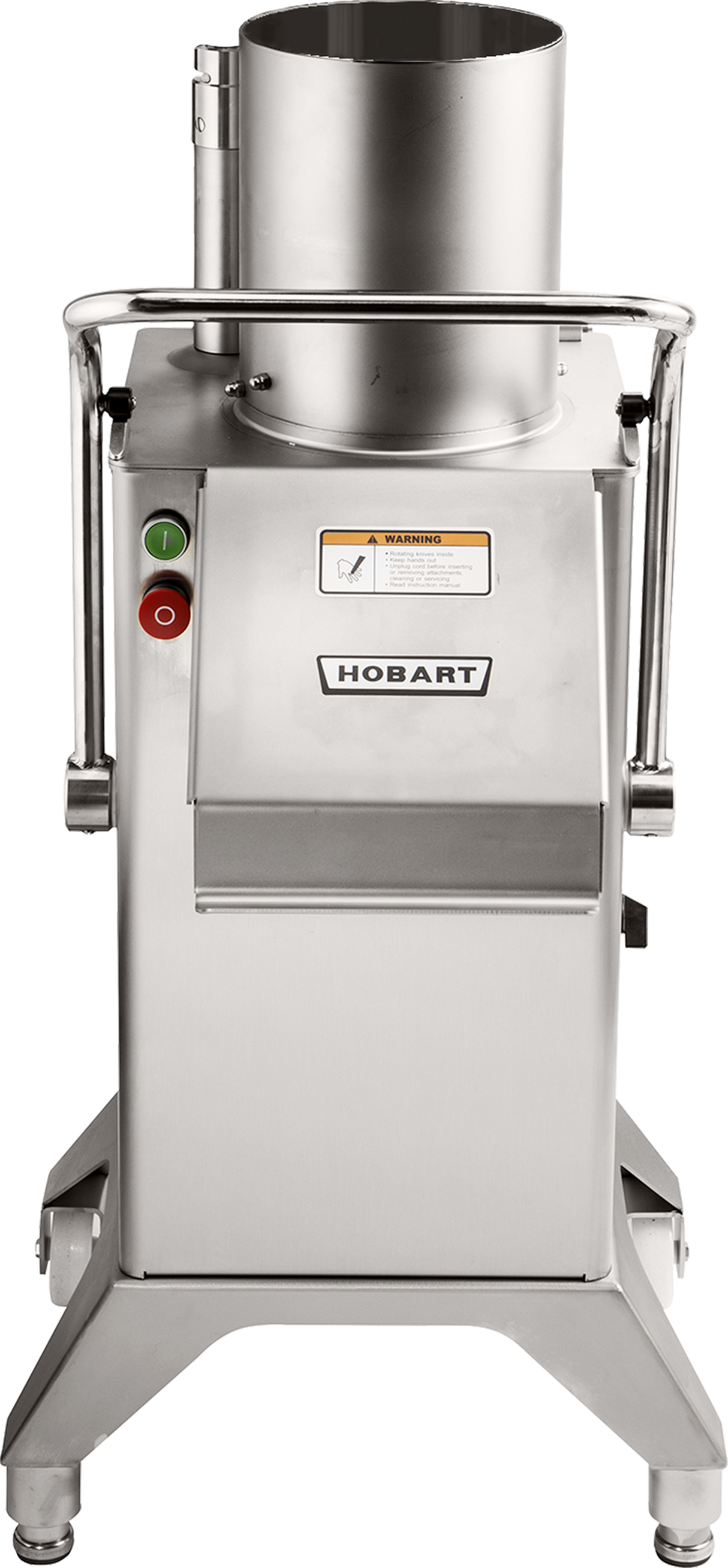 The Hobart FP400I Continuous-Feed Food Processor features a stainless steel build, cylindrical feed chute, control buttons, sturdy handles, wheels for mobility, and a front output chute. It delivers an impressive 132 lb/minute production rate.