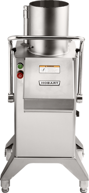 The Hobart FP400I Continuous-Feed Food Processor features a stainless steel build, cylindrical feed chute, control buttons, sturdy handles, wheels for mobility, and a front output chute. It delivers an impressive 132 lb/minute production rate.